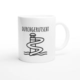 Weiße Keramiktasse 325 ml mit Aufdruck "Durchgerutscht" – Schreibtischtasse von Vollzeitfrust, Ansicht von rechts
