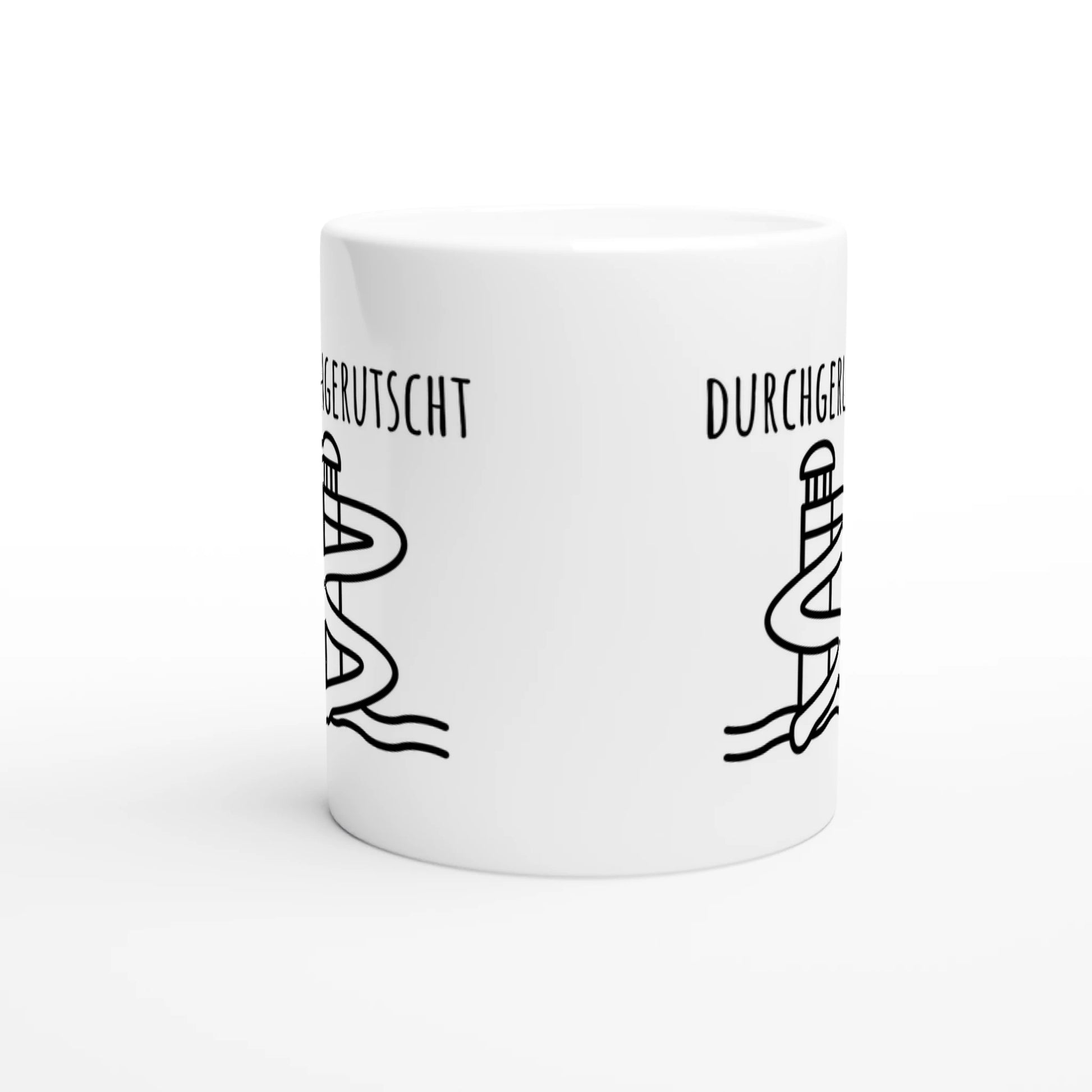 Weiße Keramiktasse mit Aufdruck "Durchgerutscht" – Rundumsicht der Bürotasse von Vollzeitfrust