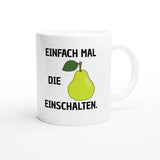 Weiße Keramiktasse 325 ml mit Aufdruck "Einfach mal die Birne einschalten" – Schreibtischtasse von Vollzeitfrust, Ansicht von rechts