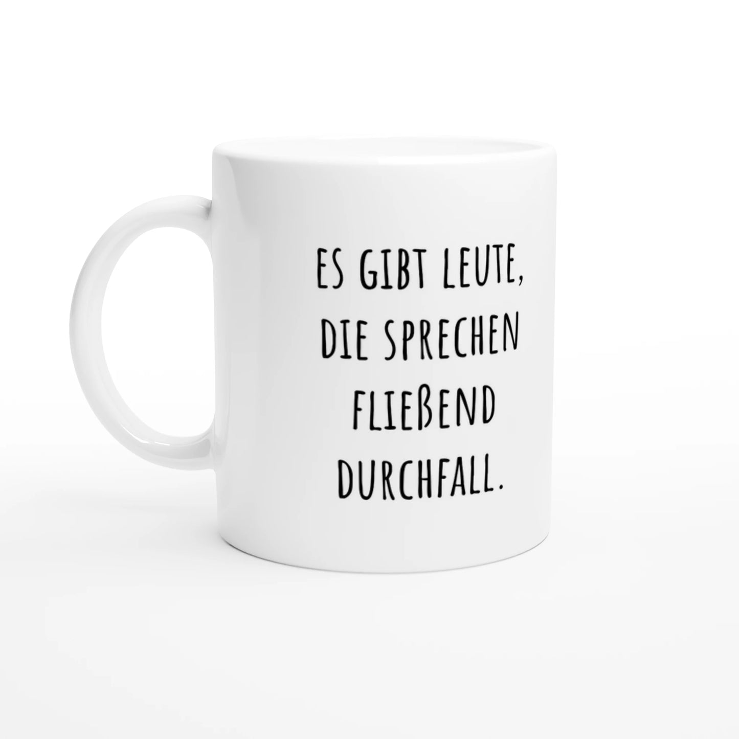 Weiße Keramiktasse 325 ml mit Aufdruck "Es gibt Leute, die sprechen fließend Durchfall" – Schreibtischtasse von Vollzeitfrust, Ansicht von links