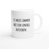 Weiße Keramiktasse 325 ml mit Aufdruck "Es muss immer wie ein Unfall aussehen" – Schreibtischtasse von Vollzeitfrust, Ansicht von rechts