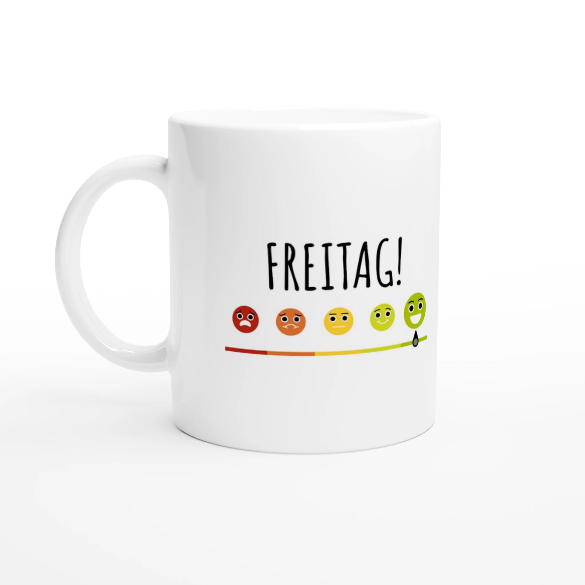 Weiße Keramiktasse 325 ml mit Aufdruck "Freitag!" – Schreibtischtasse von Vollzeitfrust, Ansicht von links
