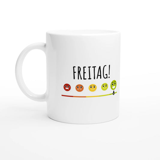 Weiße Keramiktasse 325 ml mit Aufdruck "Freitag!" – Schreibtischtasse von Vollzeitfrust, Ansicht von links
