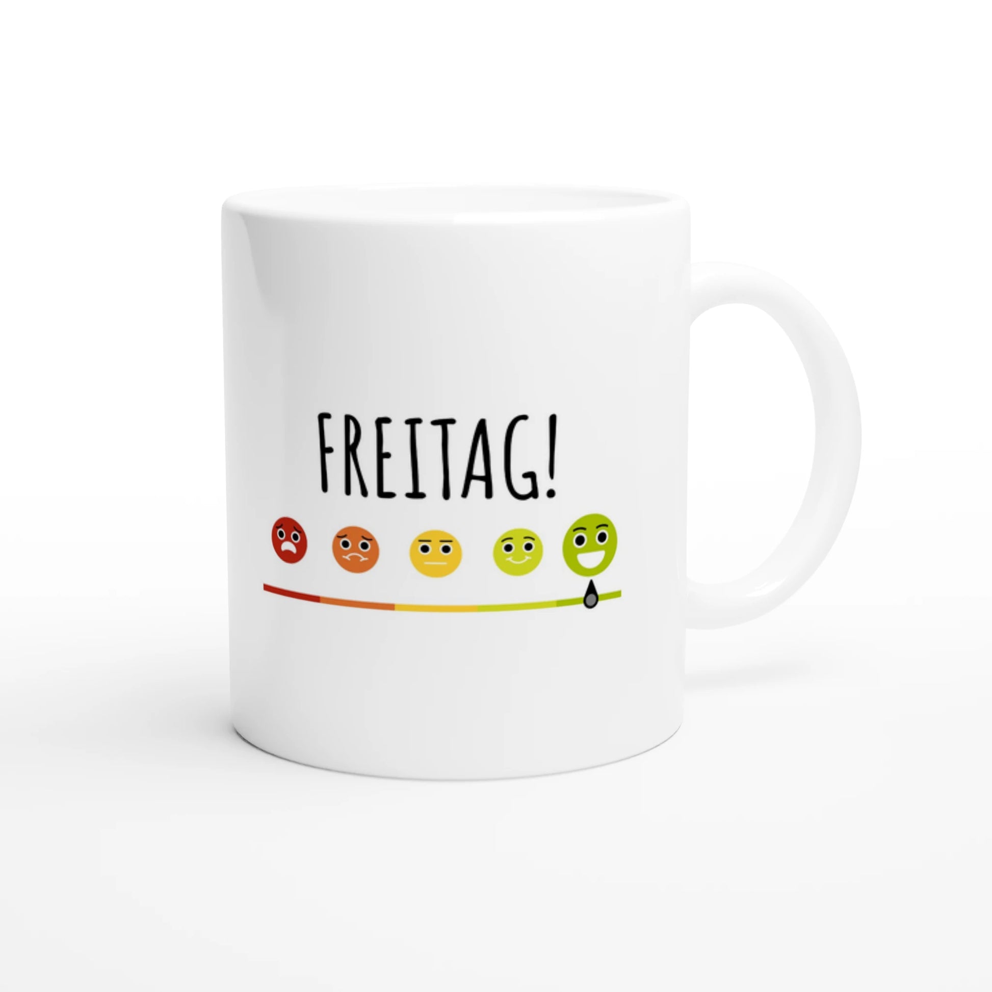 Weiße Keramiktasse 325 ml mit Aufdruck "Freitag!" – Schreibtischtasse von Vollzeitfrust, Ansicht von rechts
