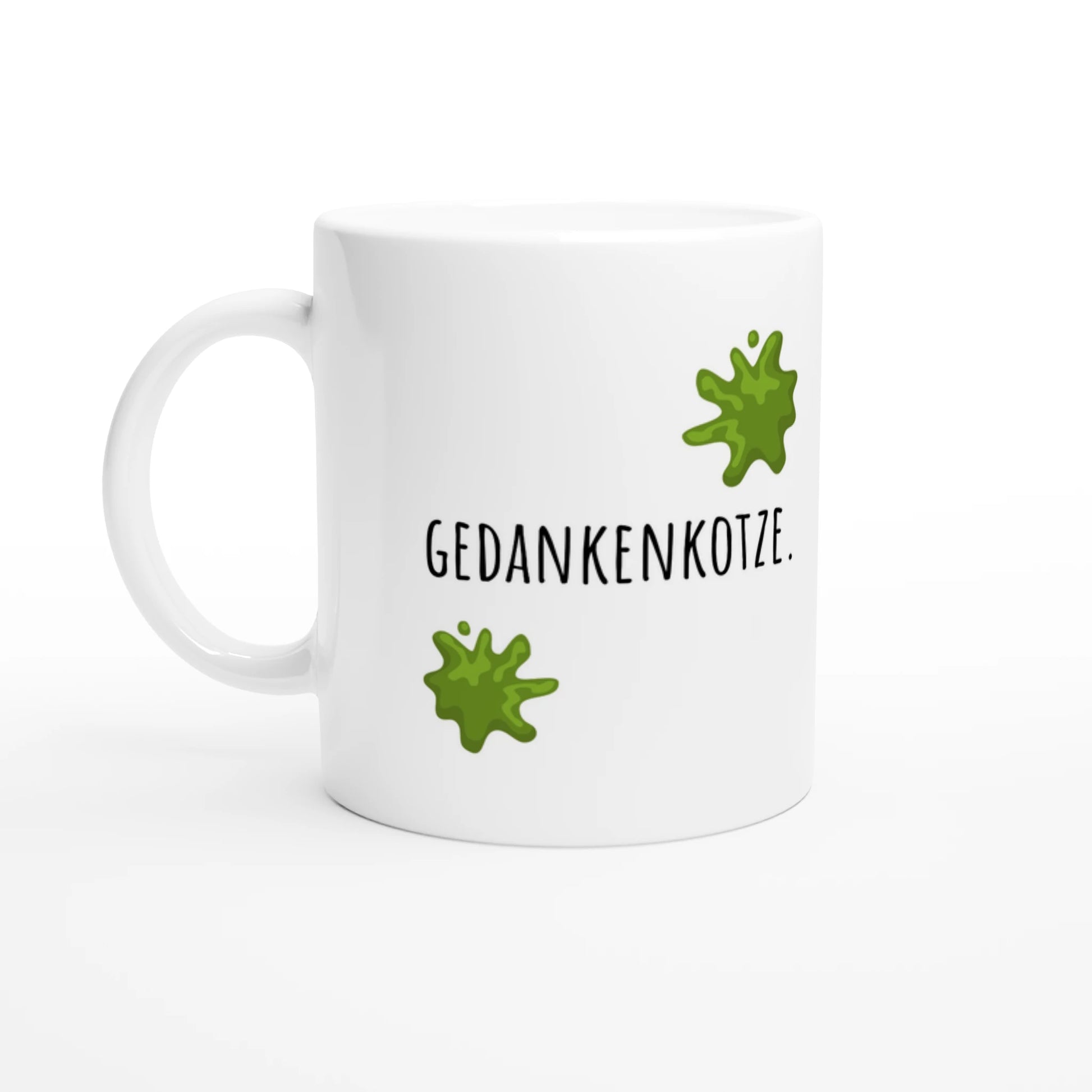 Weiße Keramiktasse 325 ml mit Aufdruck "Gedankenkotze" – Schreibtischtasse von Vollzeitfrust, Ansicht von links