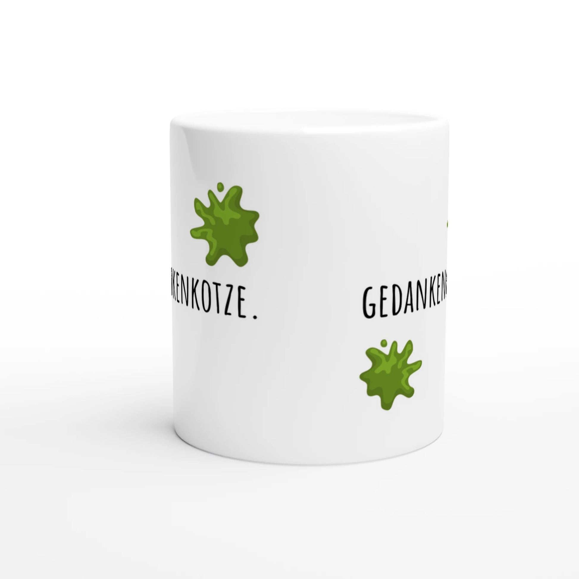 Weiße Keramiktasse mit Aufdruck "Gedankenkotze" – Rundumsicht der Bürotasse von Vollzeitfrust