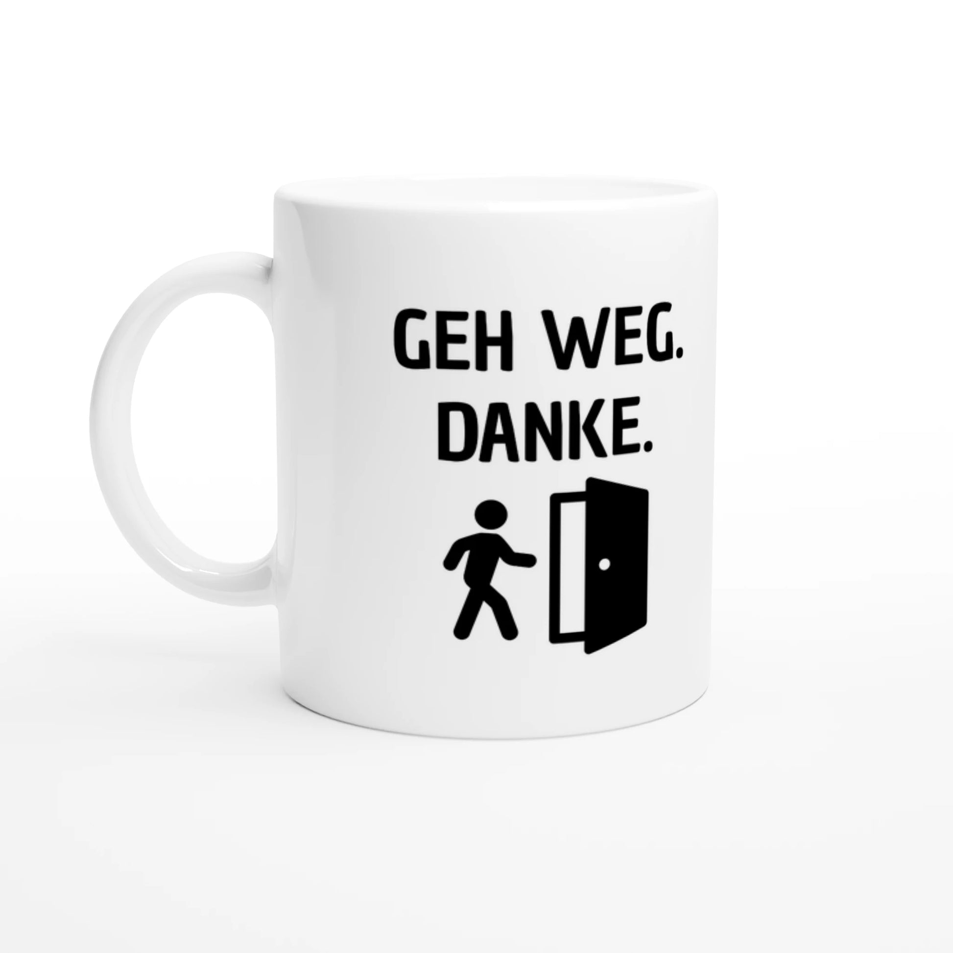 Weiße Keramiktasse 325 ml mit Aufdruck "Geh weg. Danke" – Schreibtischtasse von Vollzeitfrust, Ansicht von links