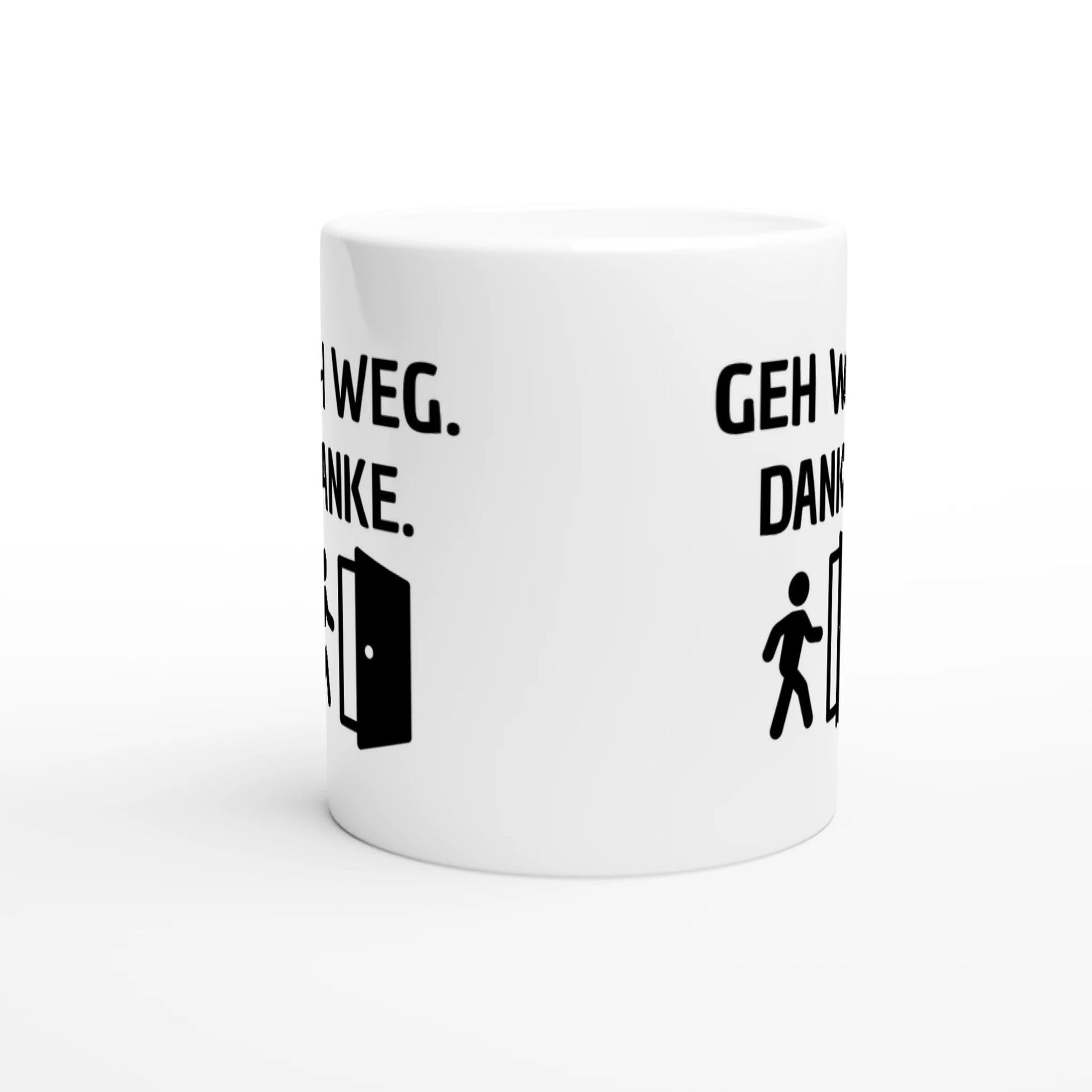 Weiße Keramiktasse mit Aufdruck "Geh weg. Danke" – Rundumsicht der Bürotasse von Vollzeitfrust