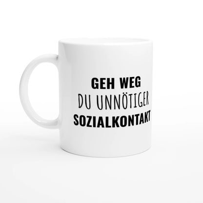 Weiße Keramiktasse 325 ml mit Aufdruck "Geh weg, du unnötiger Sozialkontakt" – Schreibtischtasse von Vollzeitfrust, Ansicht von links
