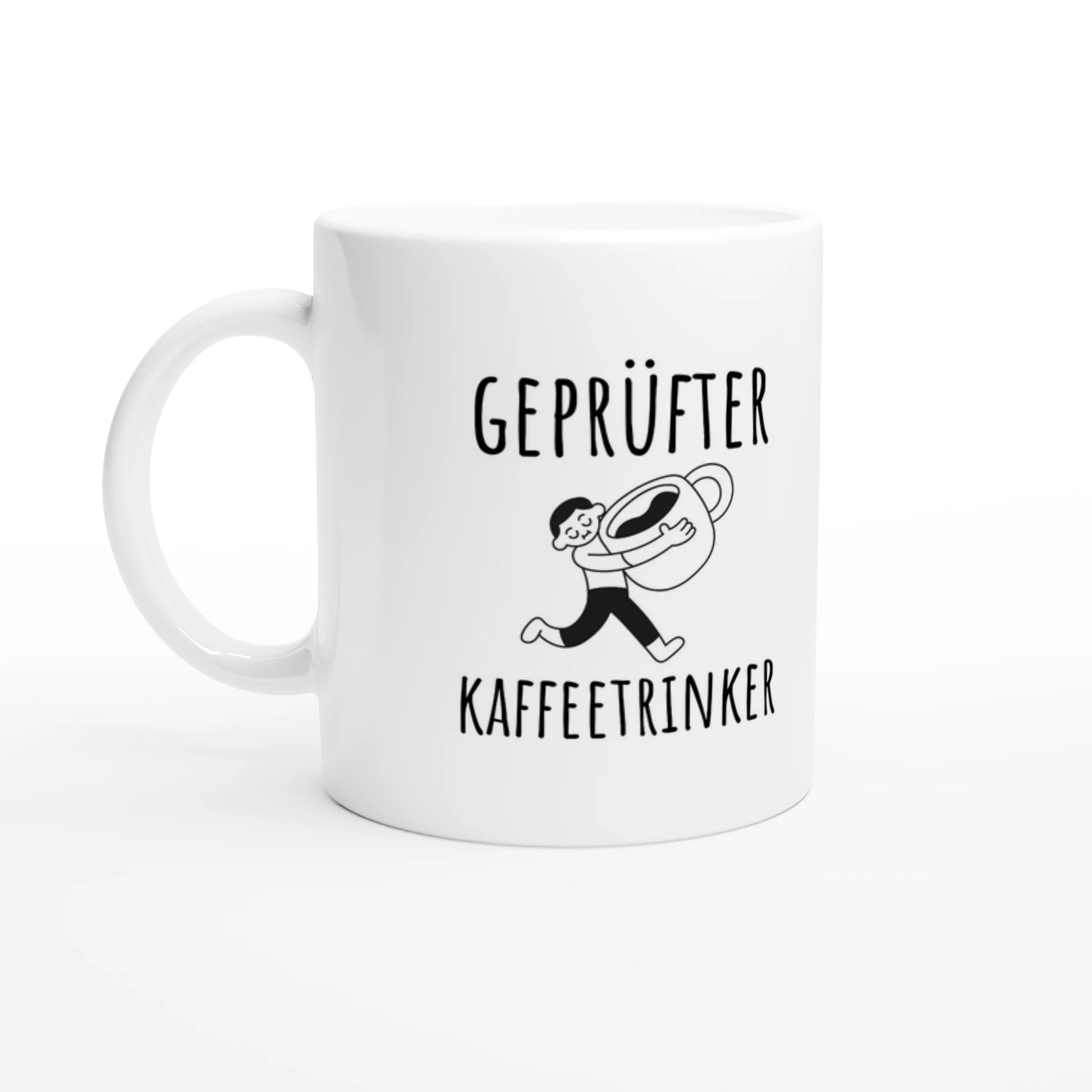 Weiße Keramiktasse 325 ml mit Aufdruck "Geprüfter Kaffeetrinker" – Schreibtischtasse von Vollzeitfrust, Ansicht von links