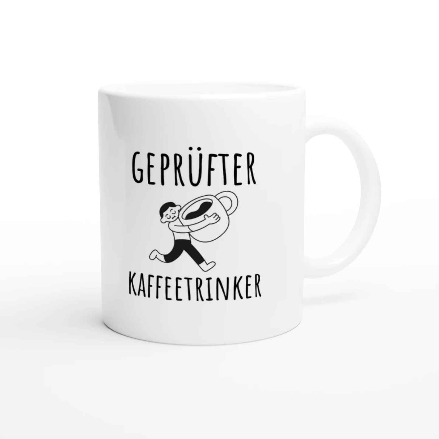Weiße Keramiktasse 325 ml mit Aufdruck "Geprüfter Kaffeetrinker" – Schreibtischtasse von Vollzeitfrust, Ansicht von rechts