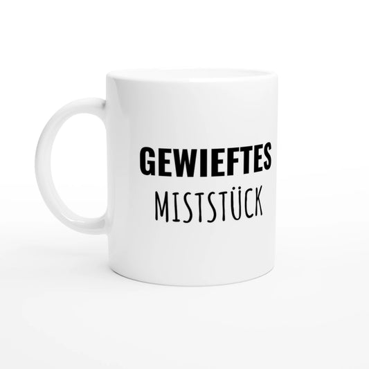 Weiße Keramiktasse 325 ml mit Aufdruck "Gewieftes Miststück" – Schreibtischtasse von Vollzeitfrust, Ansicht von links

