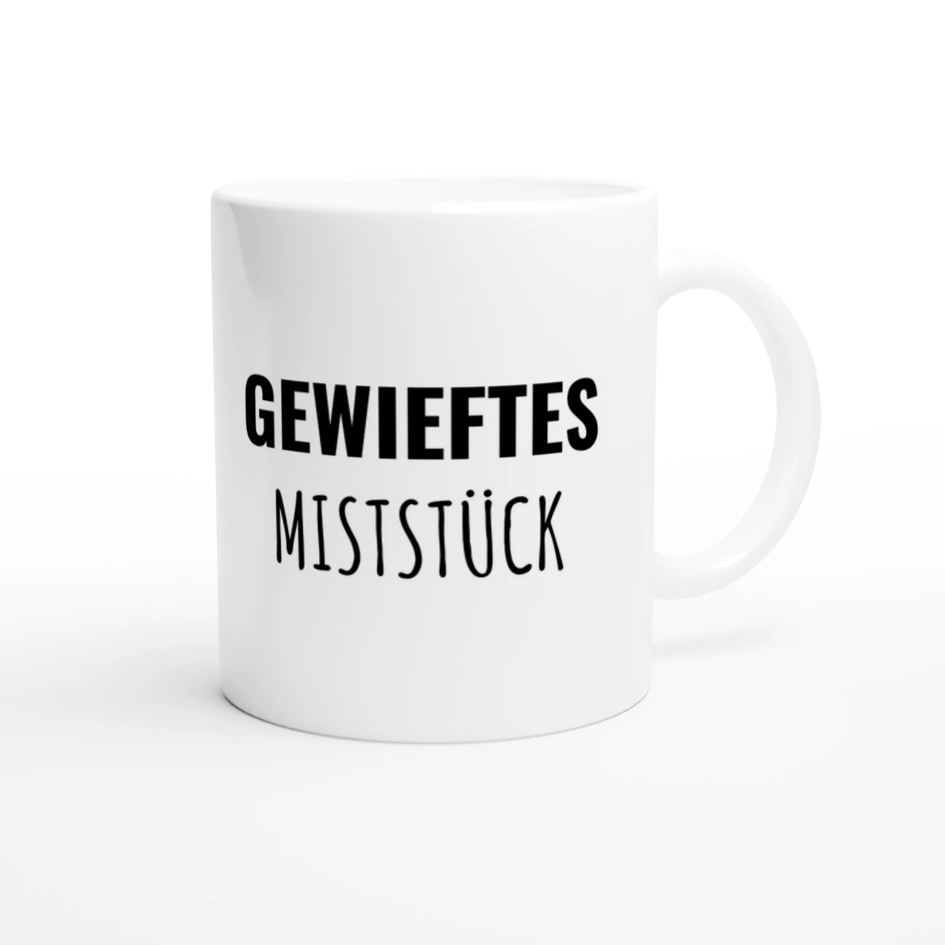 Weiße Keramiktasse 325 ml mit Aufdruck "Gewieftes Miststück" – Schreibtischtasse von Vollzeitfrust, Ansicht von rechts

