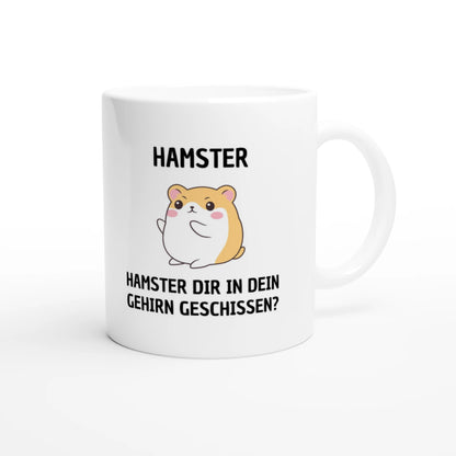 Weiße Keramiktasse 325 ml mit Aufdruck "Hamster dir in dein Gehirn geschissen?" – Schreibtischtasse von Vollzeitfrust, Ansicht von rechts
