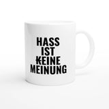 Weiße Keramiktasse 325 ml mit Aufdruck "Hass ist (k)eine Meinung" – Schreibtischtasse von Vollzeitfrust, Ansicht von rechts
