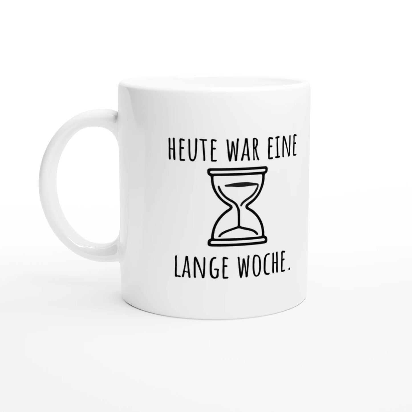 Weiße Keramiktasse 325 ml mit Aufdruck "Heute war eine lange Woche" – Schreibtischtasse von Vollzeitfrust, Ansicht von links