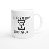 Weiße Keramiktasse 325 ml mit Aufdruck "Heute war eine lange Woche" – Schreibtischtasse von Vollzeitfrust, Ansicht von rechts