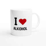 Weiße Keramiktasse 325 ml mit Aufdruck "I love Alkohol" – Schreibtischtasse von Vollzeitfrust, Ansicht von rechts