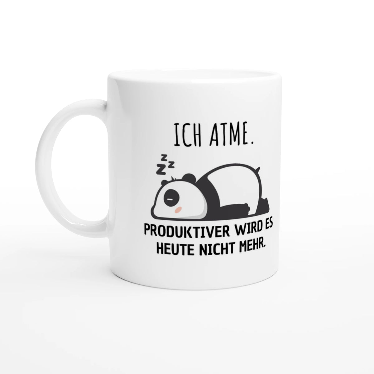 Weiße Keramiktasse 325 ml mit Aufdruck "Ich atme. Produktiver wird es heute nicht mehr" – Schreibtischtasse von Vollzeitfrust, Ansicht von links