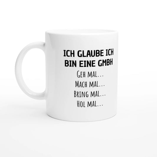 Weiße Keramiktasse 325 ml mit Aufdruck "Ich glaube ich bin eine GmbH" – Schreibtischtasse von Vollzeitfrust, Ansicht von links
