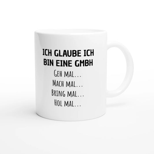 Weiße Keramiktasse 325 ml mit Aufdruck "Ich glaube ich bin eine GmbH" – Schreibtischtasse von Vollzeitfrust, Ansicht von rechts
