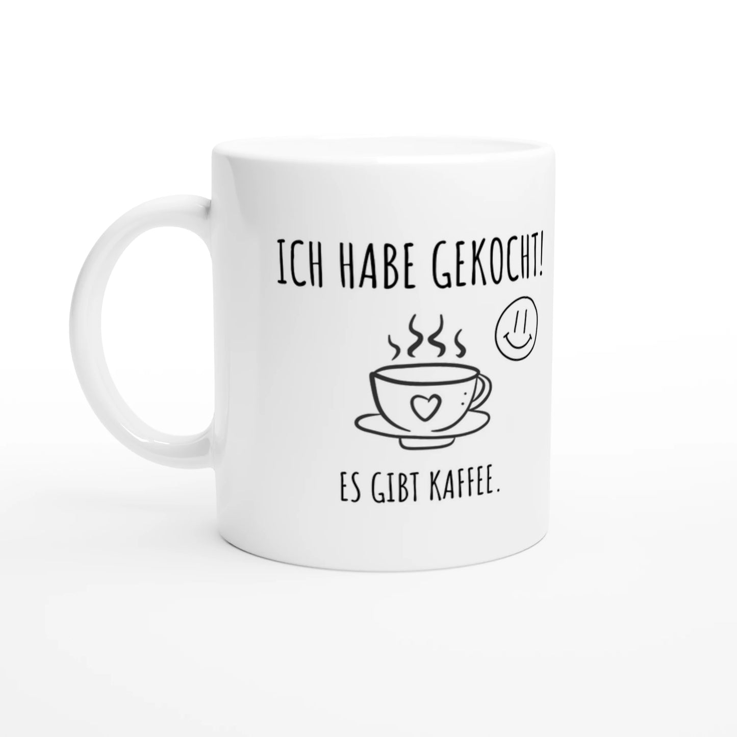 Weiße Keramiktasse 325 ml mit Aufdruck "Ich habe gekocht! Es gibt Kaffee" – Schreibtischtasse von Vollzeitfrust, Ansicht von links