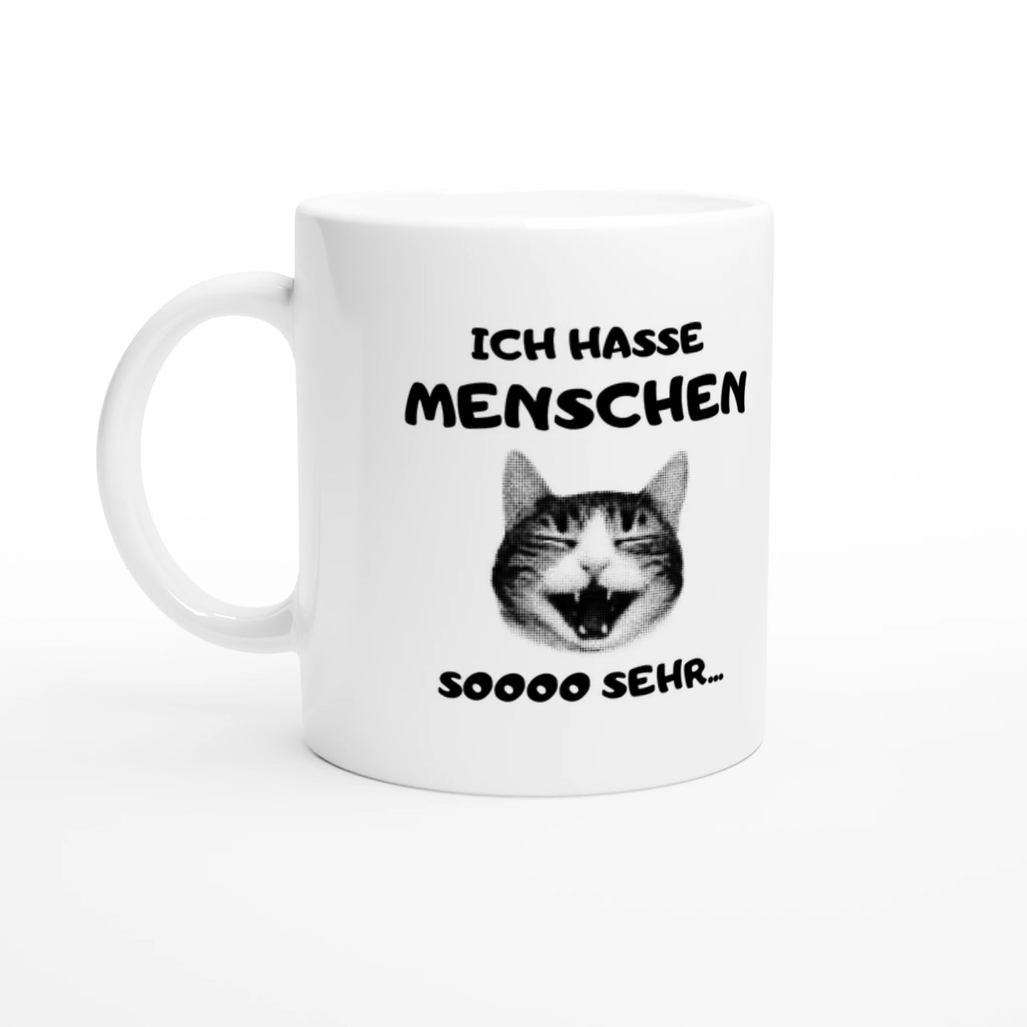 Weiße Keramiktasse 325 ml mit Aufdruck "Ich hasse Menschen soooo sehr" – Schreibtischtasse von Vollzeitfrust, Ansicht von links