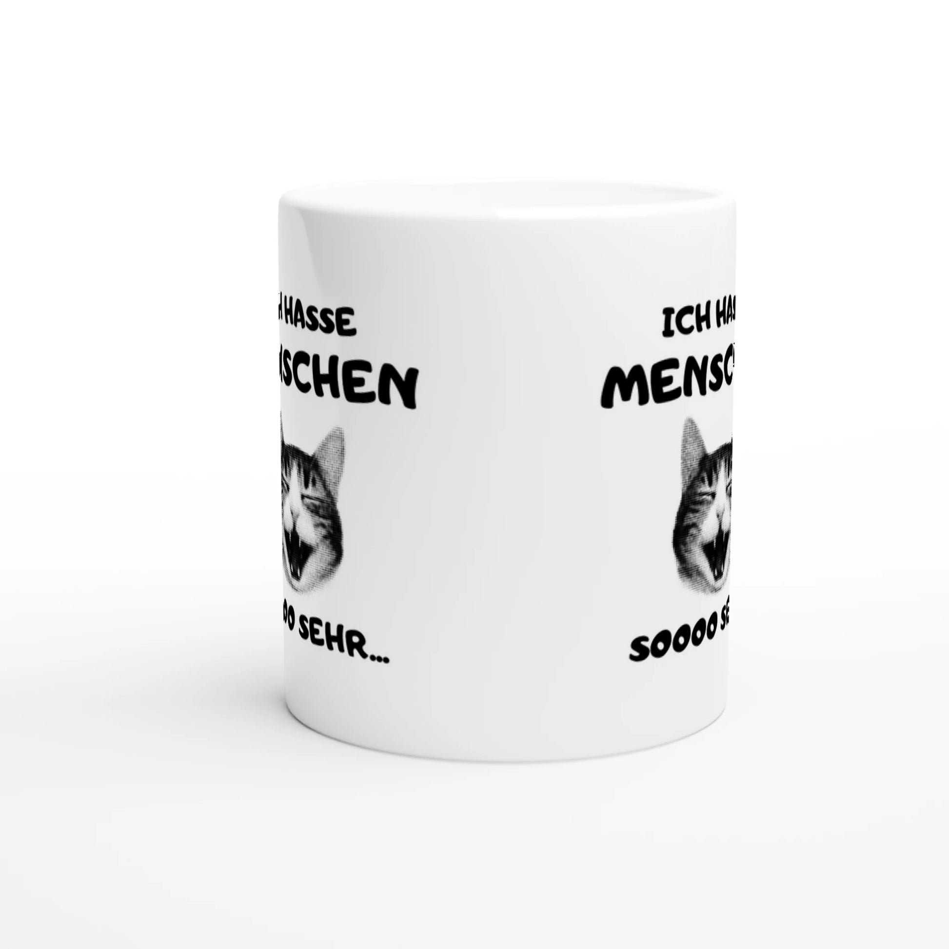 Weiße Keramiktasse mit Aufdruck "Ich hasse Menschen soooo sehr" – Rundumsicht der Bürotasse von Vollzeitfrust