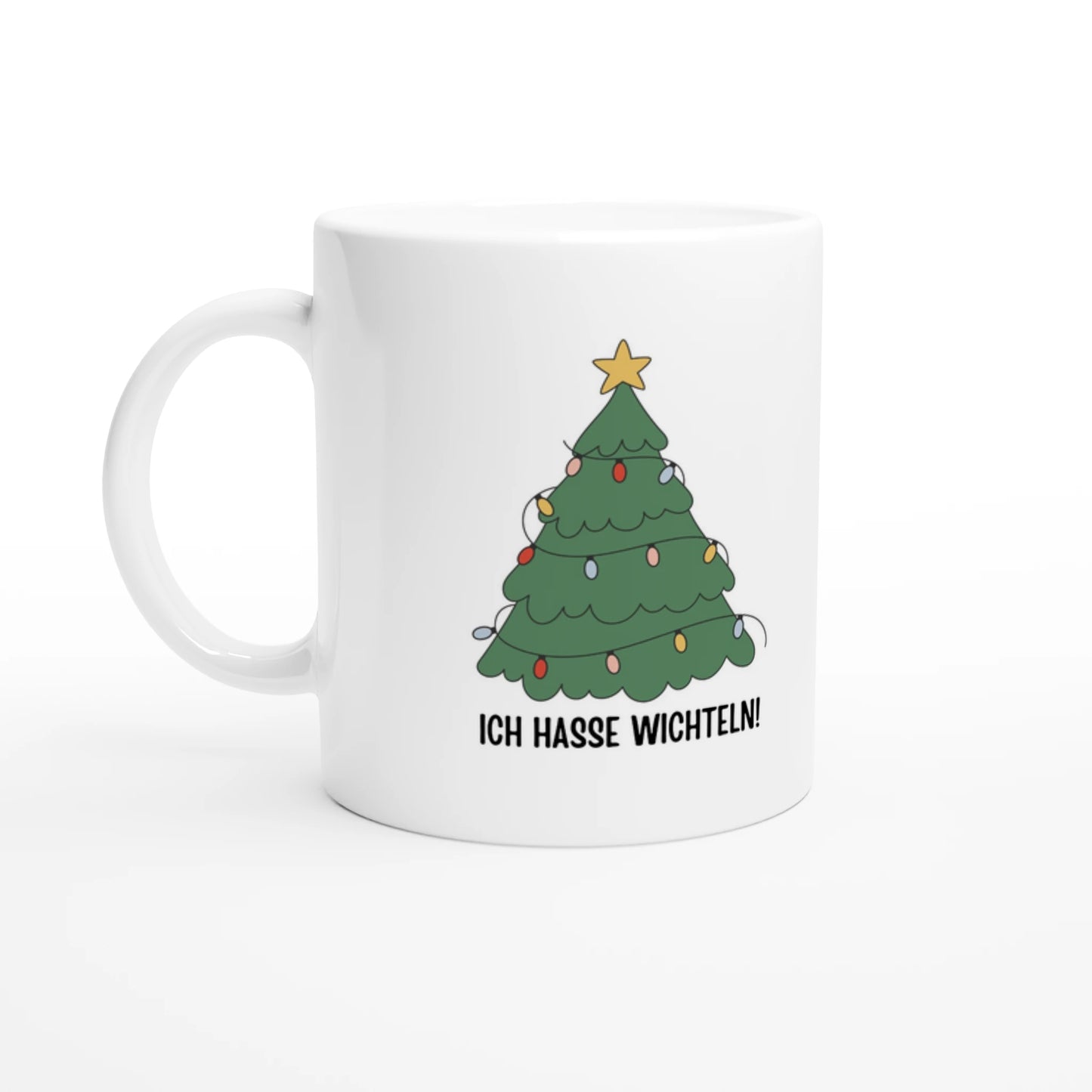 Weiße Keramiktasse 325 ml mit Aufdruck "Ich hasse Wichteln!" – Schreibtischtasse von Vollzeitfrust, Ansicht von links