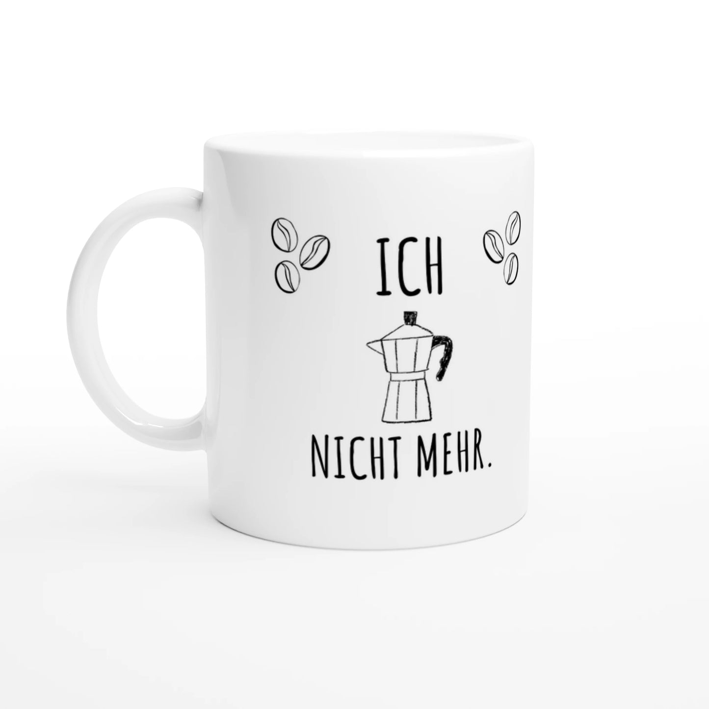 Weiße Keramiktasse 325 ml mit Aufdruck "Ich [Kanne] nicht mehr" – Schreibtischtasse von Vollzeitfrust, Ansicht von links
