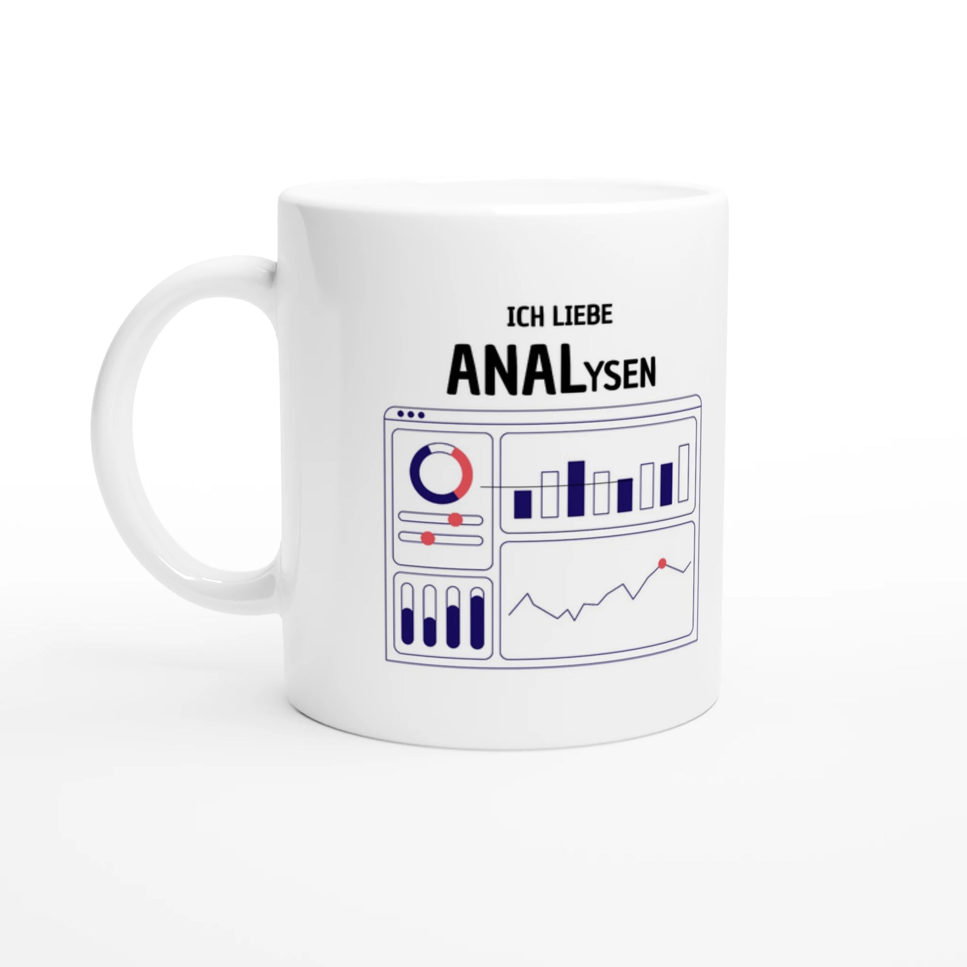 Weiße Keramiktasse 325 ml mit Aufdruck "Ich liebe ANALysen" – Schreibtischtasse von Vollzeitfrust, Ansicht von links