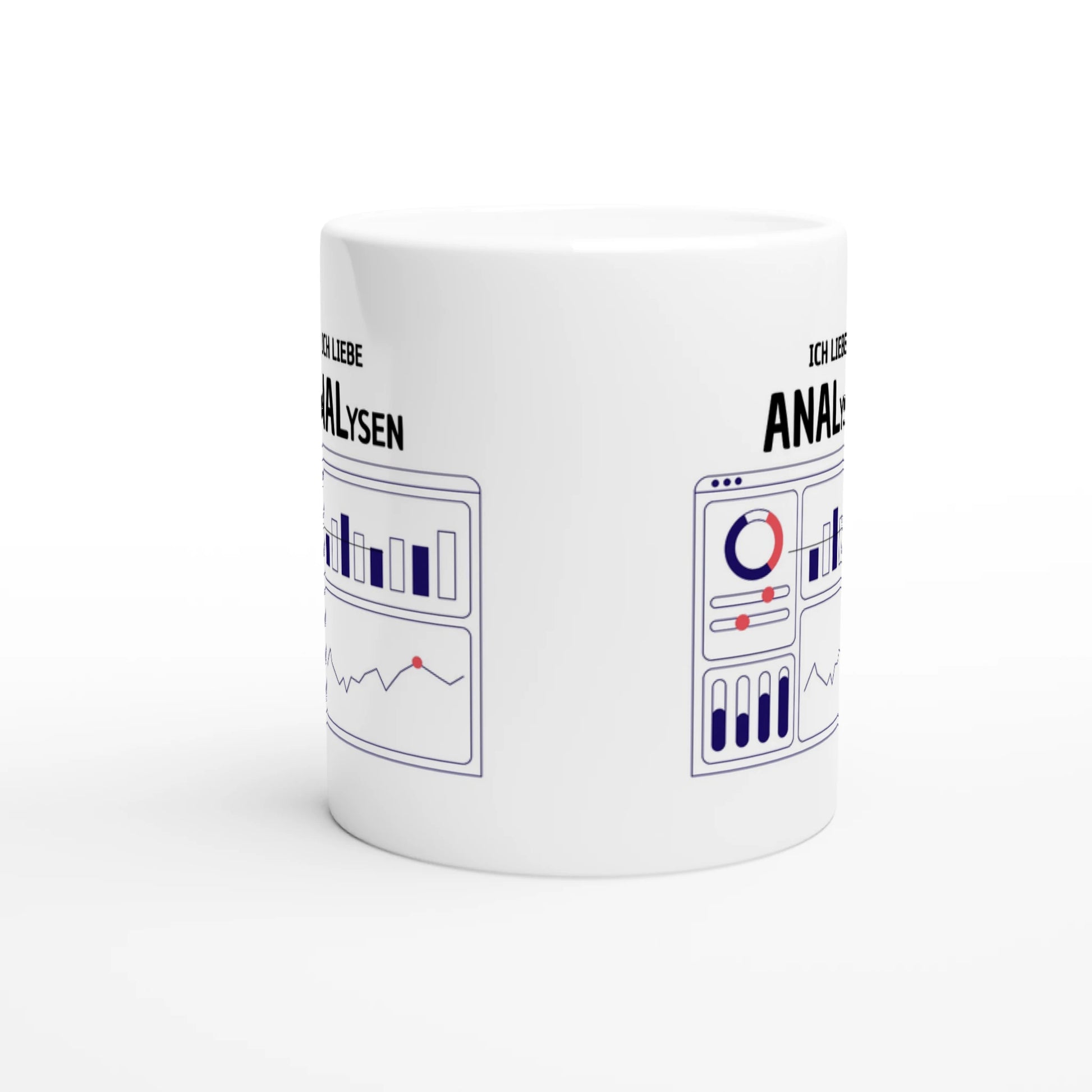 Weiße Keramiktasse mit Aufdruck "Ich liebe ANALysen" – Rundumsicht der Bürotasse von Vollzeitfrust