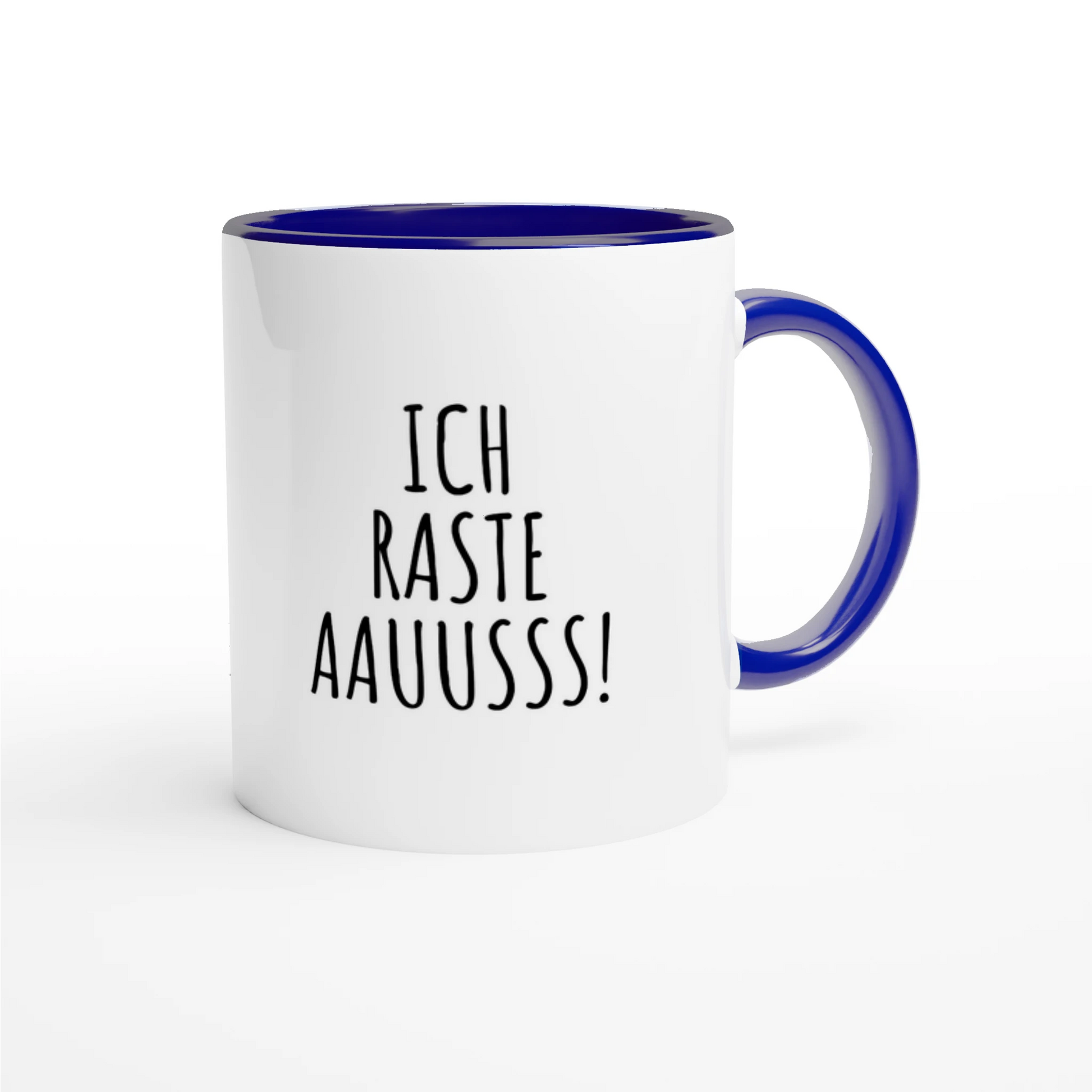 Zweifarbige Keramiktasse 325 ml mit Aufdruck "Ich raste aauusss!" in Blau – Schreibtischtasse von Vollzeitfrust
