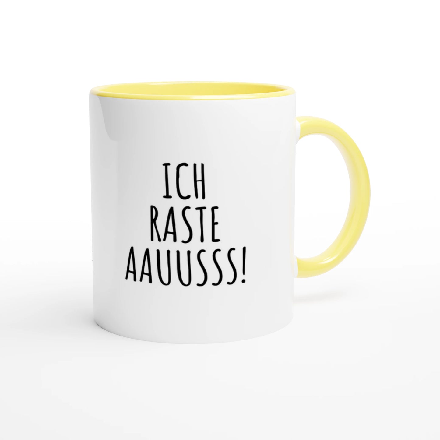 Zweifarbige Keramiktasse 325 ml mit Aufdruck "Ich raste aauusss!" in Gelb – Schreibtischtasse von Vollzeitfrust
