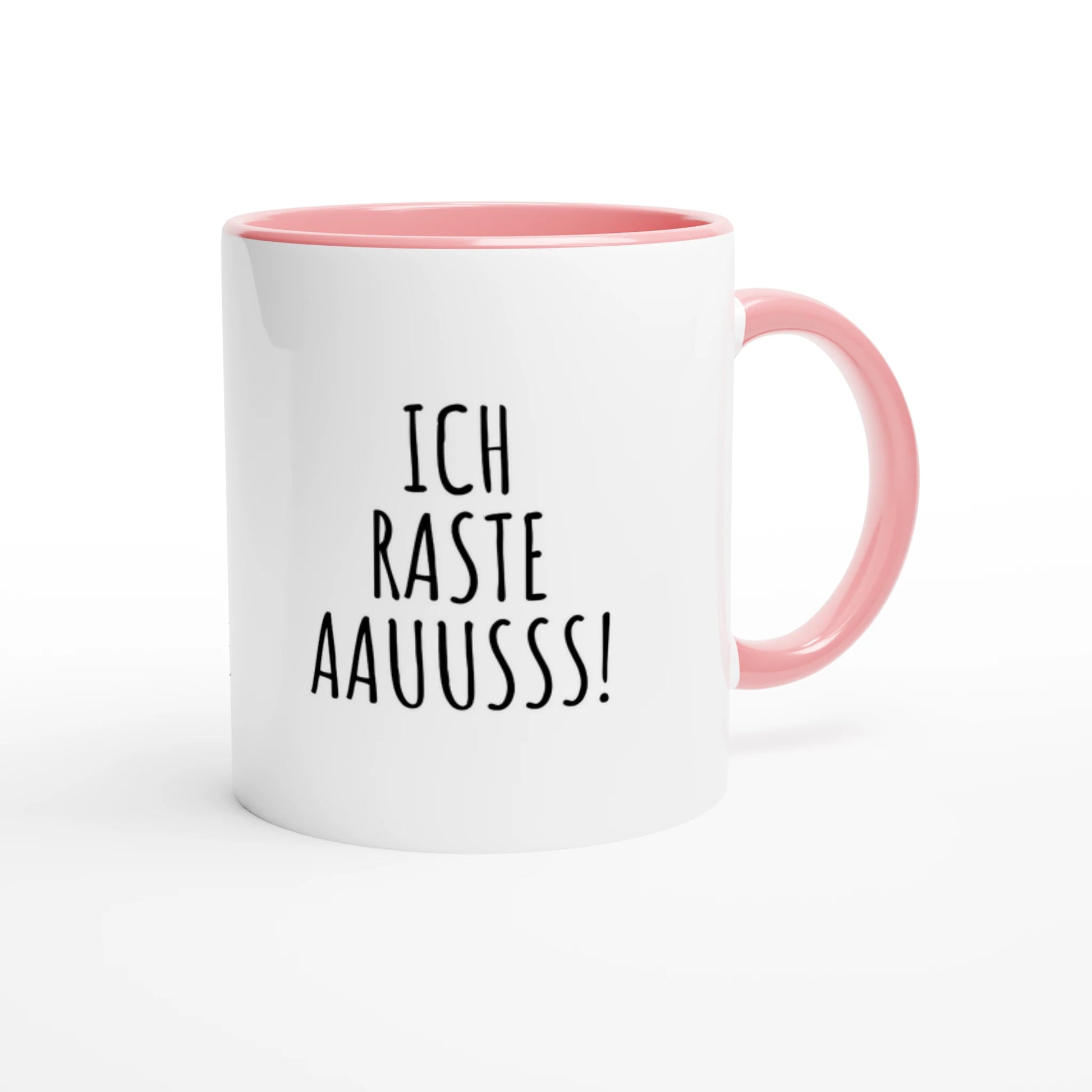 Zweifarbige Keramiktasse 325 ml mit Aufdruck "Ich raste aauusss!" in Rosa – Schreibtischtasse von Vollzeitfrust
