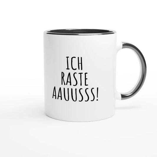 Zweifarbige Keramiktasse 325 ml mit Aufdruck "Ich raste aauusss!" in Schwarz – Schreibtischtasse von Vollzeitfrust
