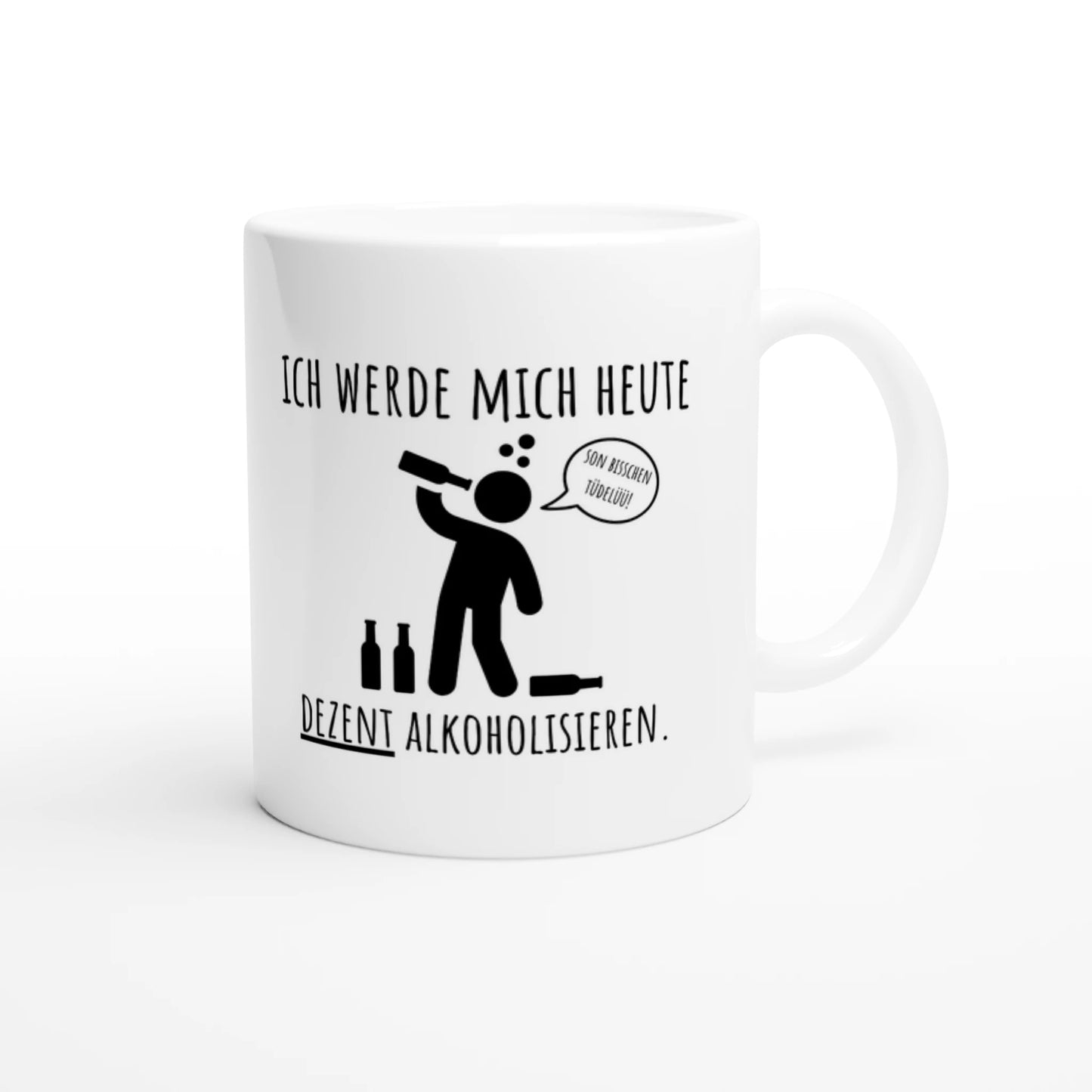 Weiße Keramiktasse 325 ml mit Aufdruck "Ich werde mich heute dezent alkoholisieren" – Schreibtischtasse von Vollzeitfrust, Ansicht von rechts