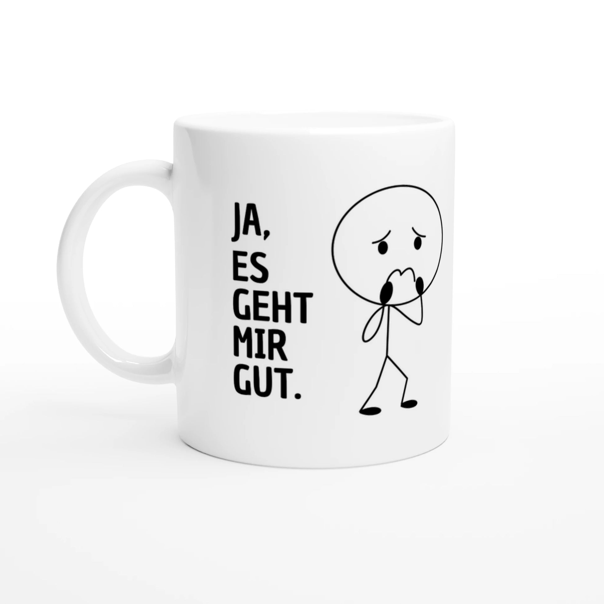 Weiße Keramiktasse 325 ml mit Aufdruck "Ja, es geht mir gut" – Schreibtischtasse von Vollzeitfrust, Ansicht von links