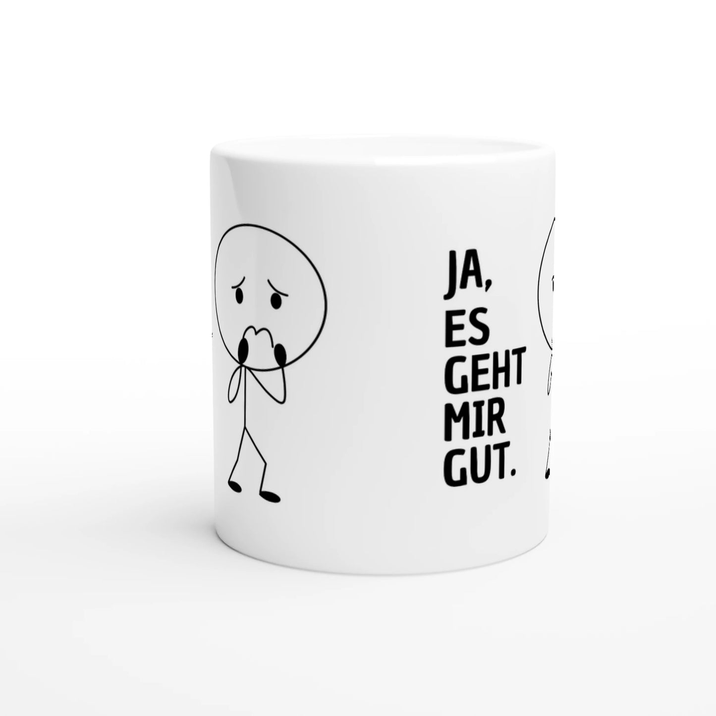 Weiße Keramiktasse mit Aufdruck "Ja, es geht mir gut" – Rundumsicht der Bürotasse von Vollzeitfrust