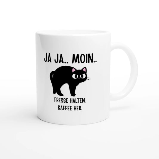 Weiße Keramiktasse 325 ml mit Aufdruck "Ja ja.. Moin.. Fresse halten. Kaffee her" – Schreibtischtasse von Vollzeitfrust, Ansicht von rechts