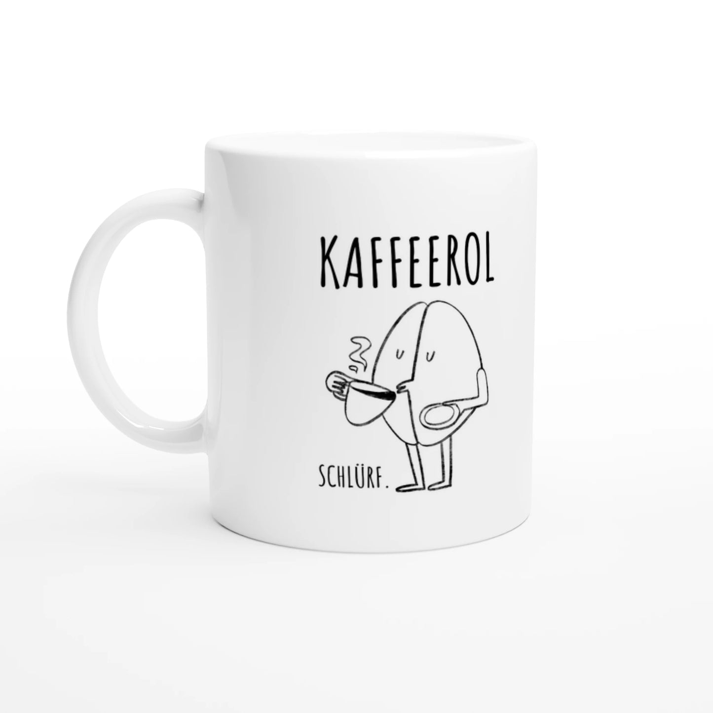 Weiße Keramiktasse 325 ml mit Aufdruck "Kaffeerol" – Schreibtischtasse von Vollzeitfrust, Ansicht von links
