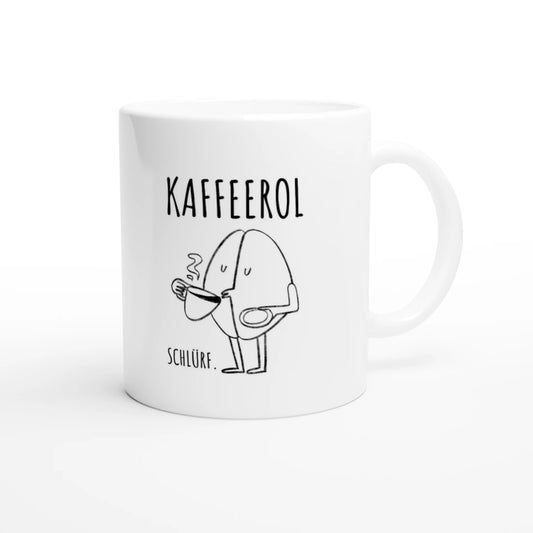 Weiße Keramiktasse 325 ml mit Aufdruck "Kaffeerol" – Schreibtischtasse von Vollzeitfrust, Ansicht von rechts
