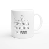 Weiße Keramiktasse 325 ml mit Aufdruck "*Kann Spuren von Weißwein enthalten" – Schreibtischtasse von Vollzeitfrust, Ansicht von rechts