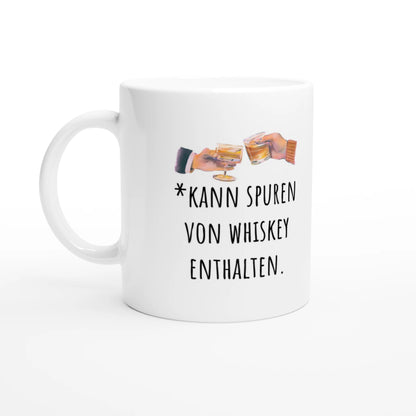 Weiße Keramiktasse 325 ml mit Aufdruck "*Kann Spuren von Whiskey enthalten" – Schreibtischtasse von Vollzeitfrust, Ansicht von links