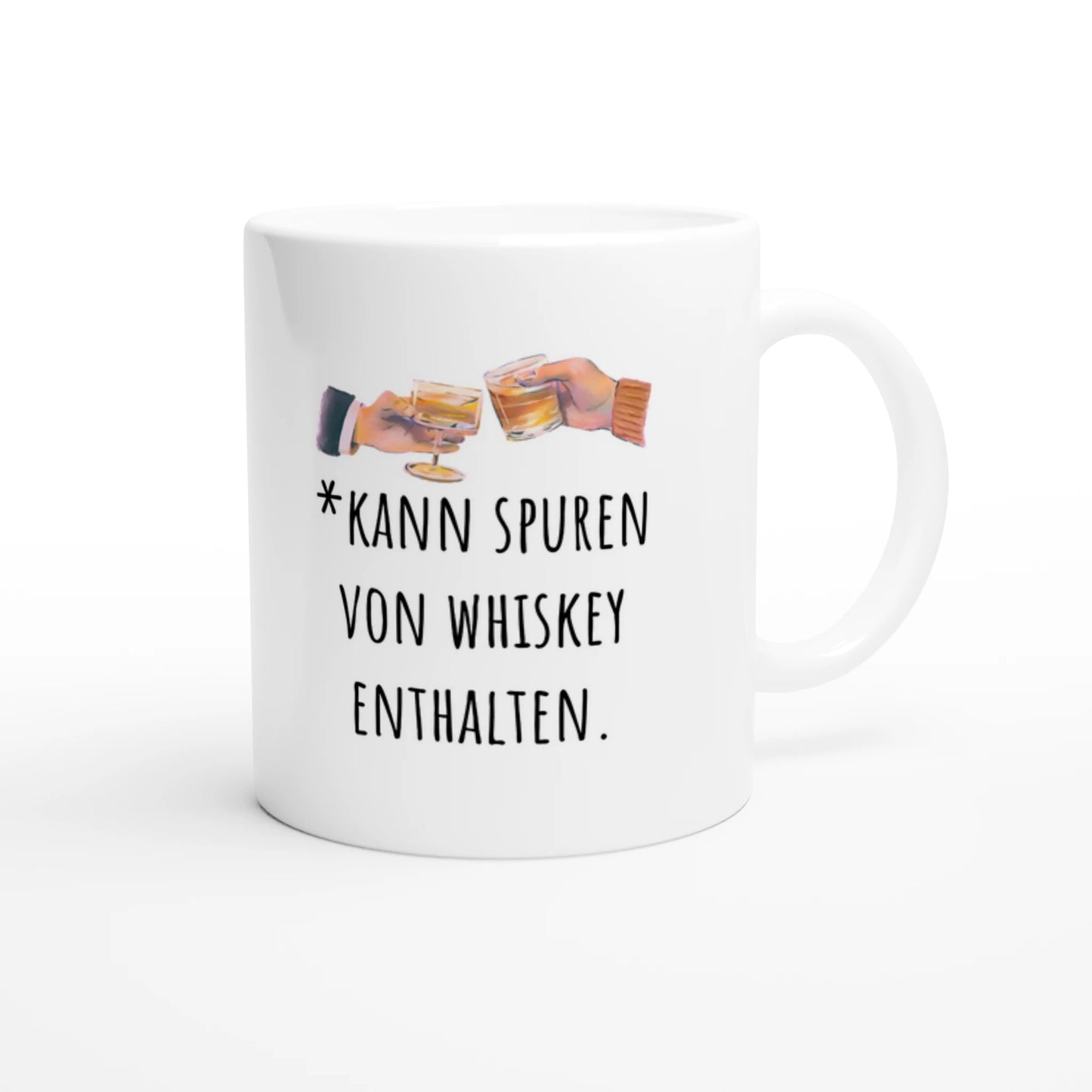 Weiße Keramiktasse 325 ml mit Aufdruck "*Kann Spuren von Whiskey enthalten" – Schreibtischtasse von Vollzeitfrust, Ansicht von rechts