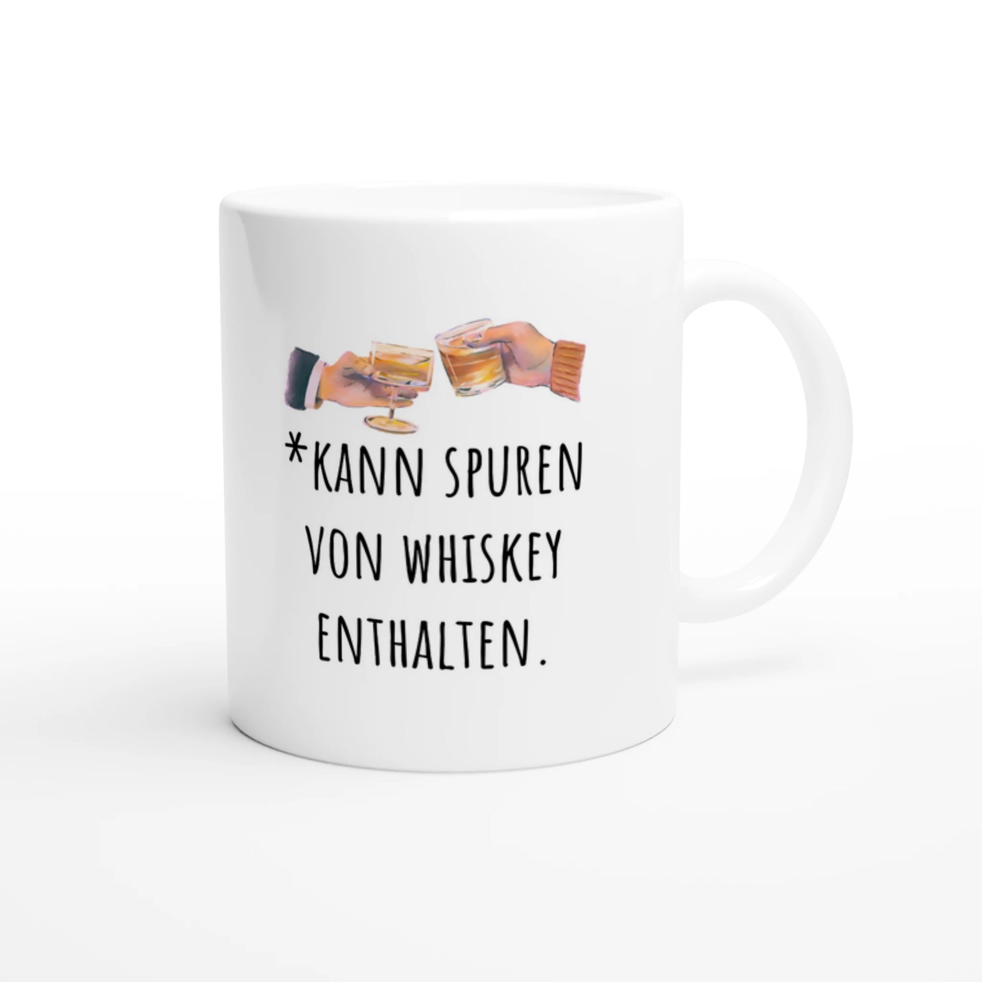 Weiße Keramiktasse 325 ml mit Aufdruck "*Kann Spuren von Whiskey enthalten" – Schreibtischtasse von Vollzeitfrust, Ansicht von rechts
