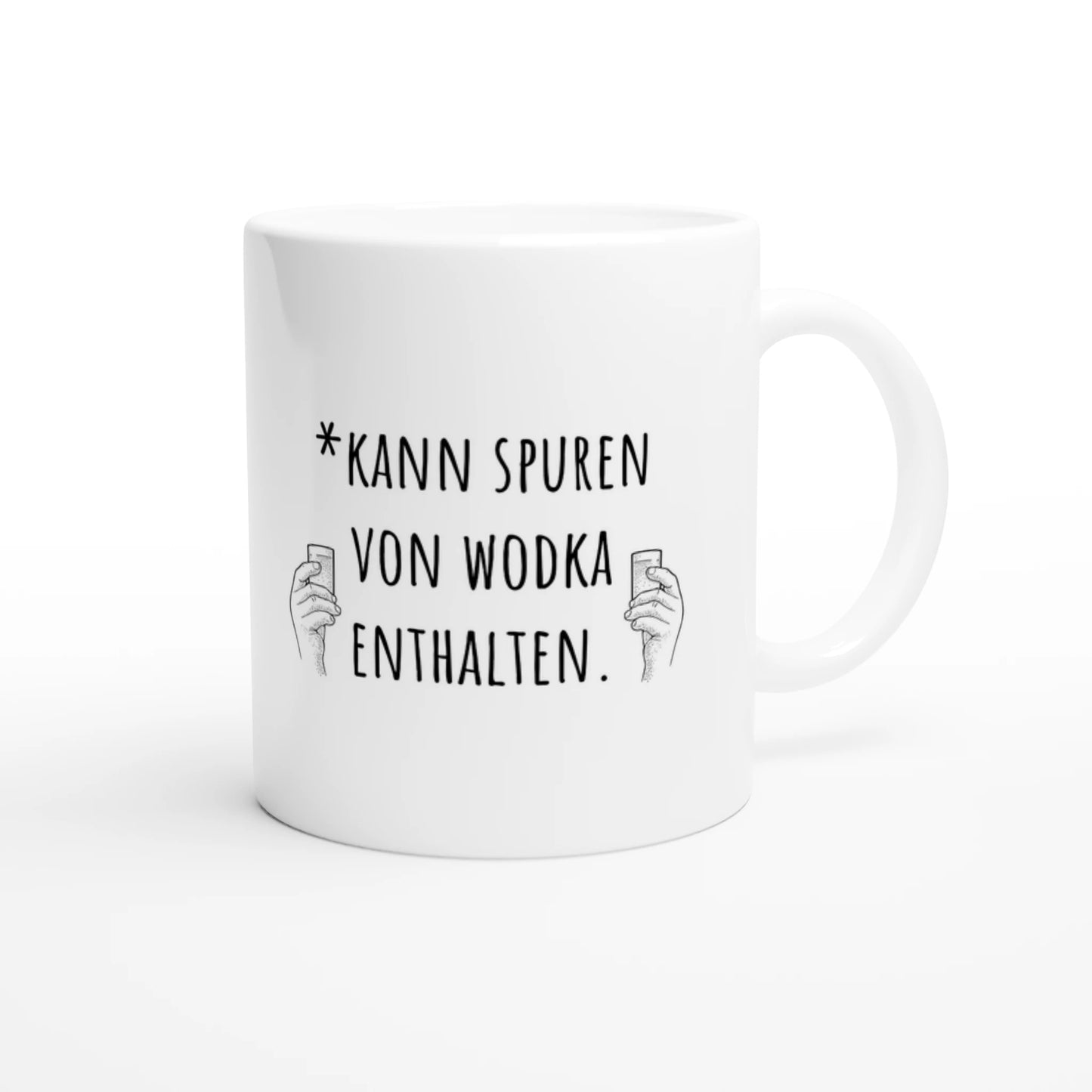 Weiße Keramiktasse 325 ml mit Aufdruck "*Kann Spuren von Wodka enthalten" – Schreibtischtasse von Vollzeitfrust, Ansicht von rechts
