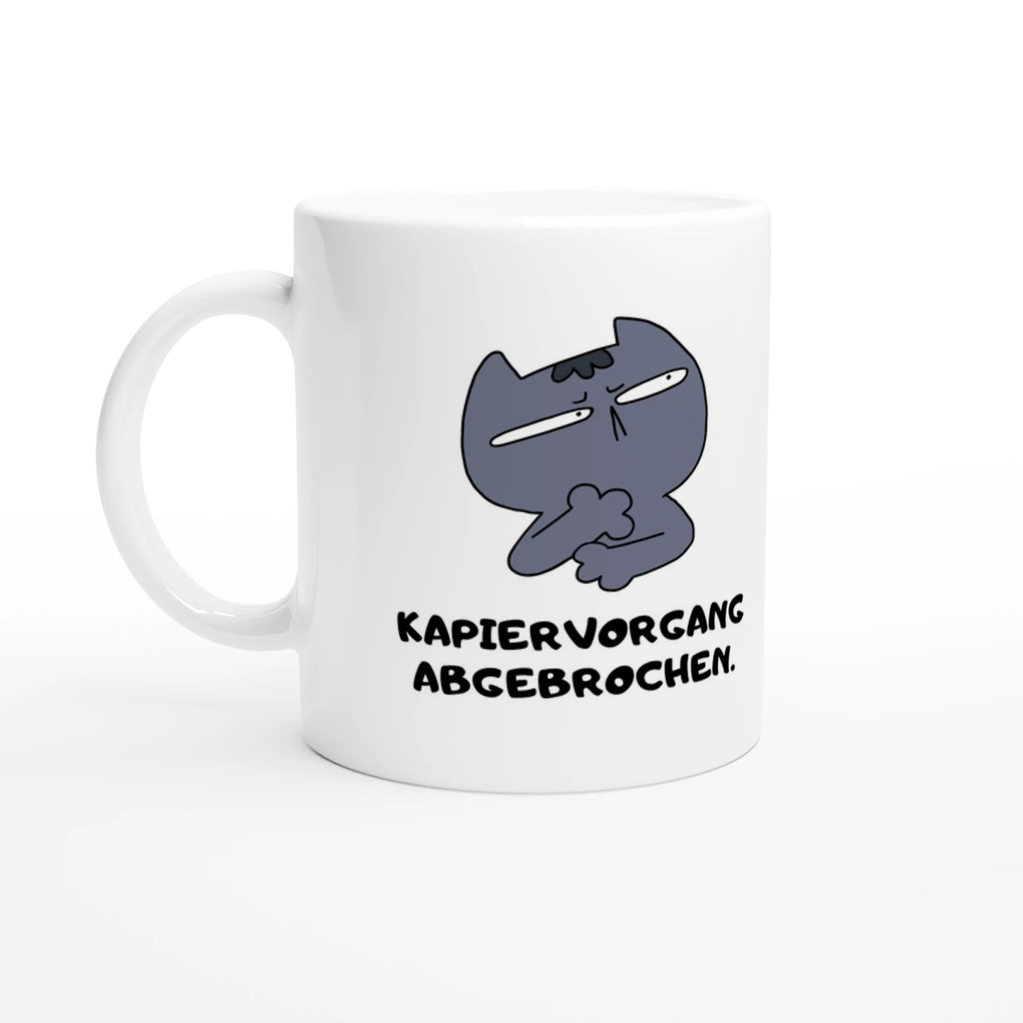 Weiße Keramiktasse 325 ml mit Aufdruck "Kapiervorgang abgebrochen" – Schreibtischtasse von Vollzeitfrust, Ansicht von links