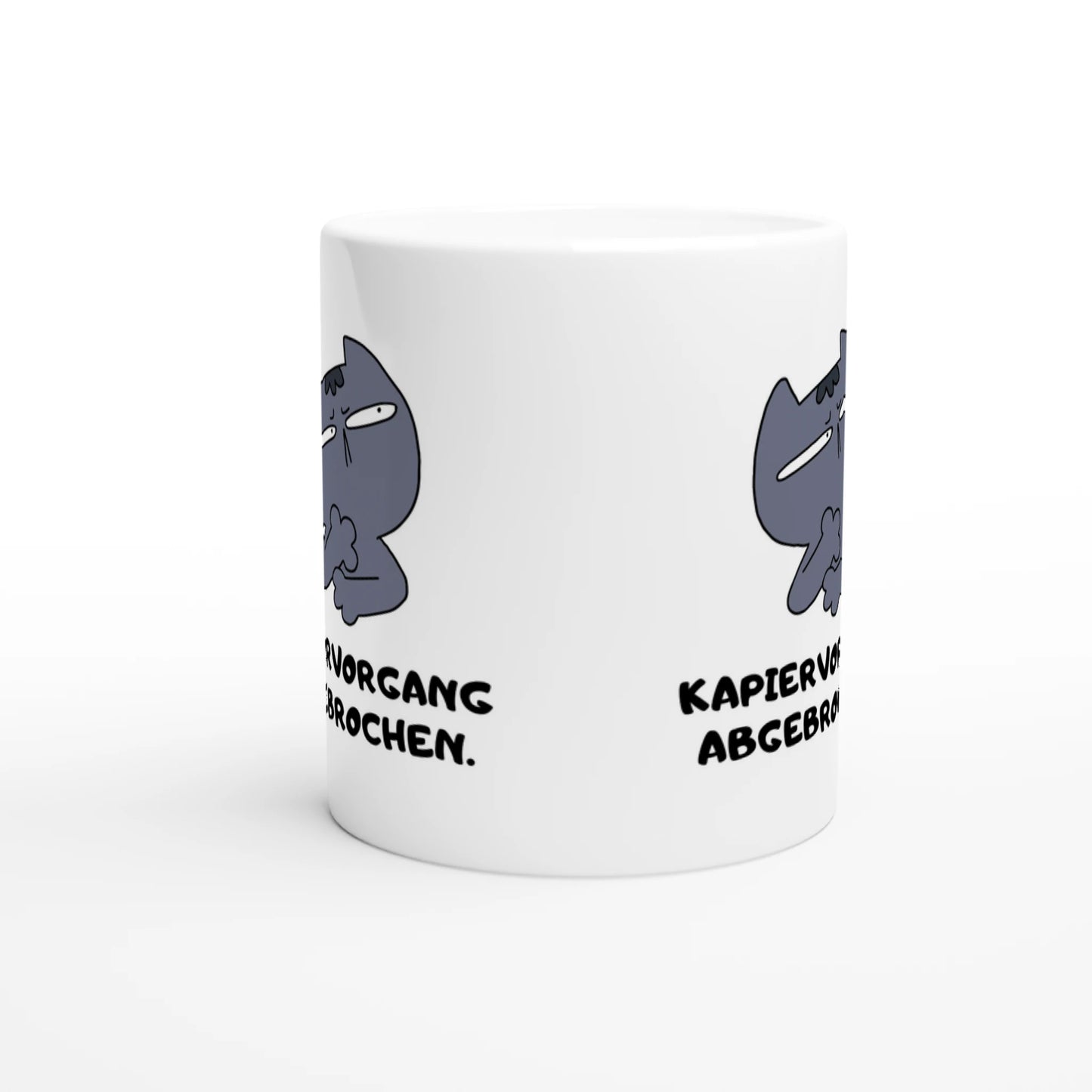 Weiße Keramiktasse mit Aufdruck "Kapiervorgang abgebrochen" – Rundumsicht der Bürotasse von Vollzeitfrust