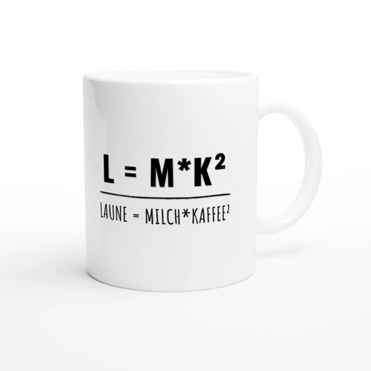 Weiße Keramiktasse 325 ml mit Aufdruck "L = M*K² – Laune = Milch * Kaffee²" – Schreibtischtasse von Vollzeitfrust, Ansicht von rechts
